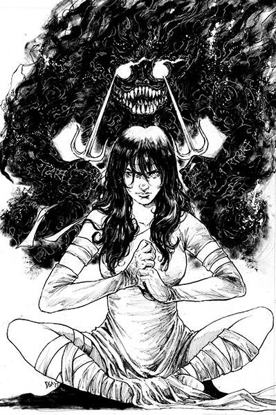 Elektra and Raphael TMNT original comic art — hand-drawn ink illustration by Donny Gandakusuma — sold
