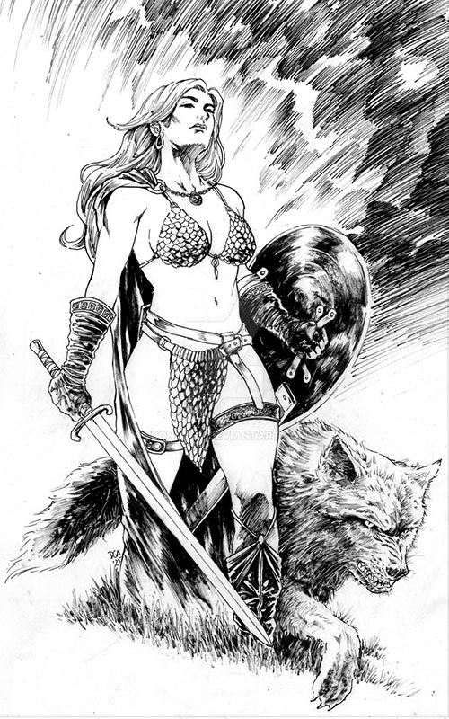 Red Sonja original comic art for sale — hand-drawn ink illustration by Donny Gandakusuma