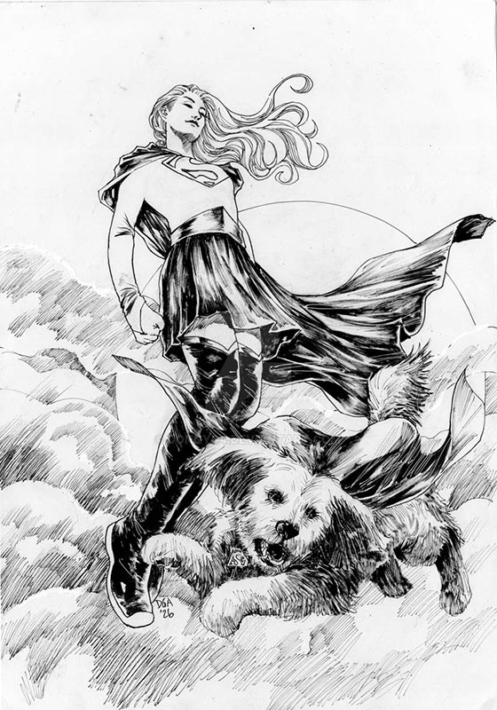 Supergirl and Krypto original comic art — traditional ink drawing by Donny Gandakusuma — sold
